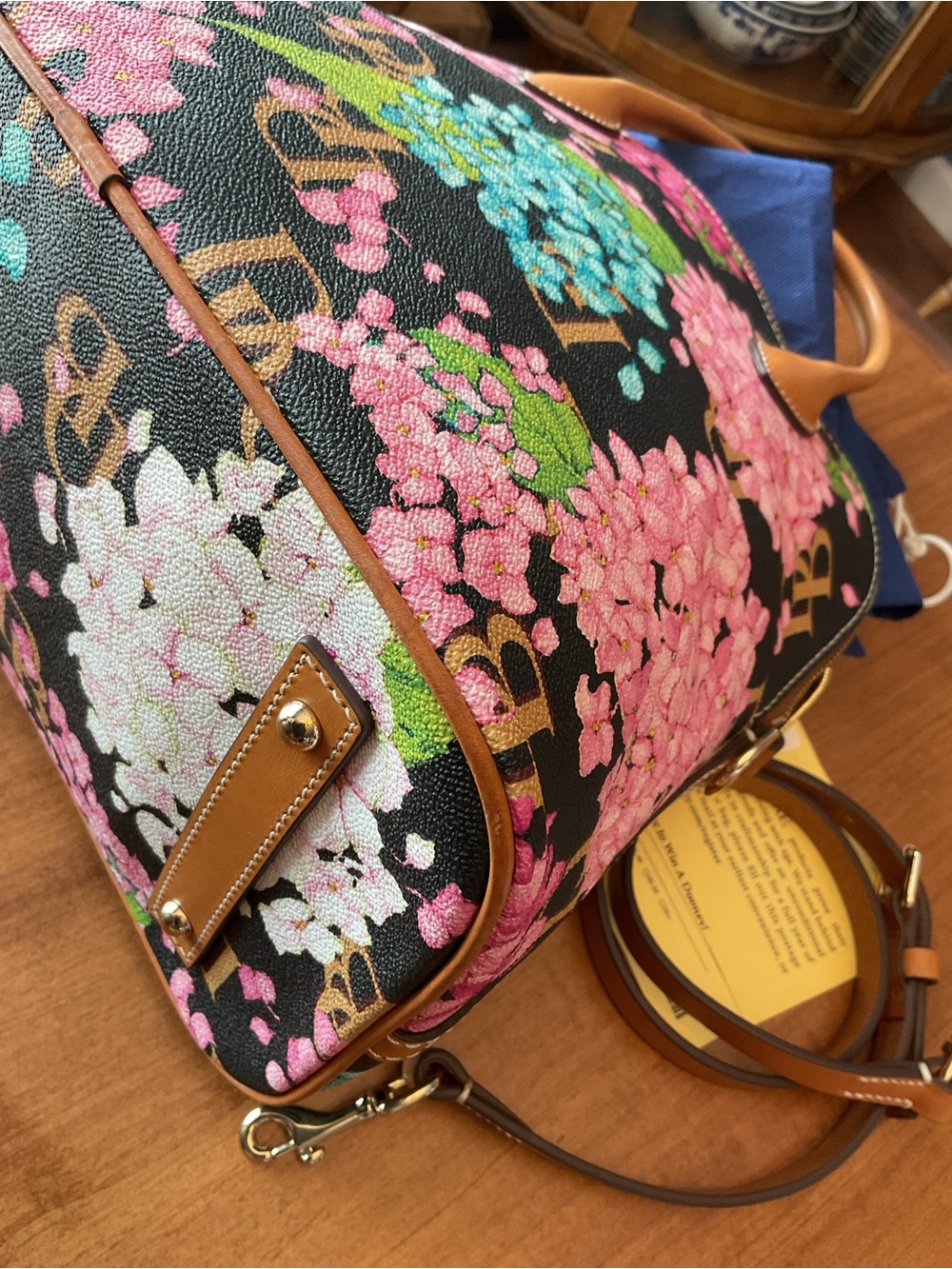 Dooney & Bourke Black Floral Hydrangea Large Dome Satchel with wallet - Picture 7 of 16